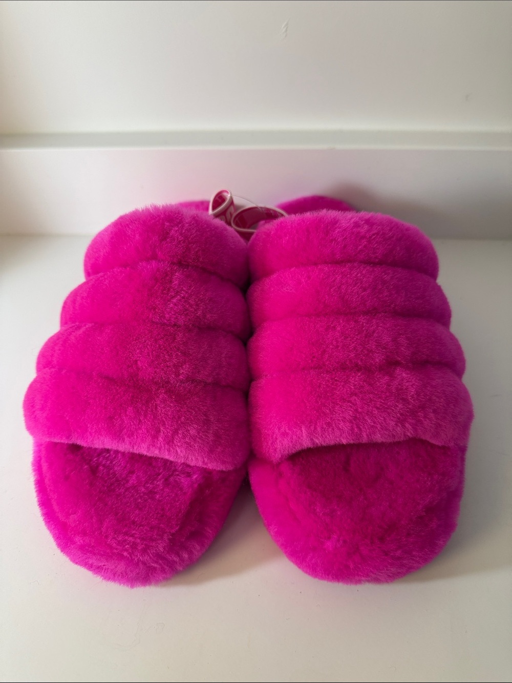NWOT UGG Bright Pink Real Fur Fuzzy Hot Pink Slides - Women’s Size 5